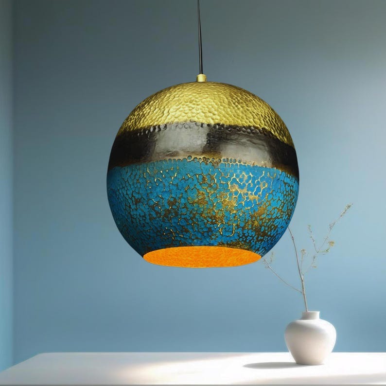 Moroccan Brass Multicolor Patina Globe Pendant Light, Handmade Hammered Brass Hanging Lamp, Boho Blue Gold Black Kitchen Island Chandelier, Rustic Artisan Ceiling Light Fixture