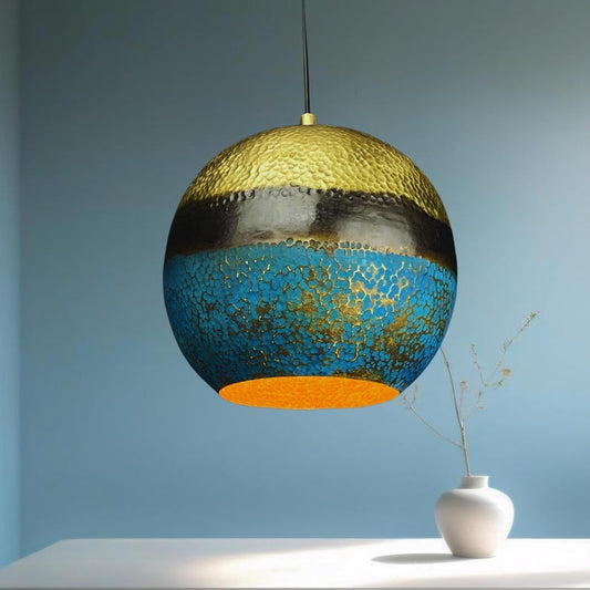 Moroccan Brass Multicolor Patina Globe Pendant Light, Handmade Hammered Brass Hanging Lamp, Boho Blue Gold Black Kitchen Island Chandelier, Rustic Artisan Ceiling Light Fixture