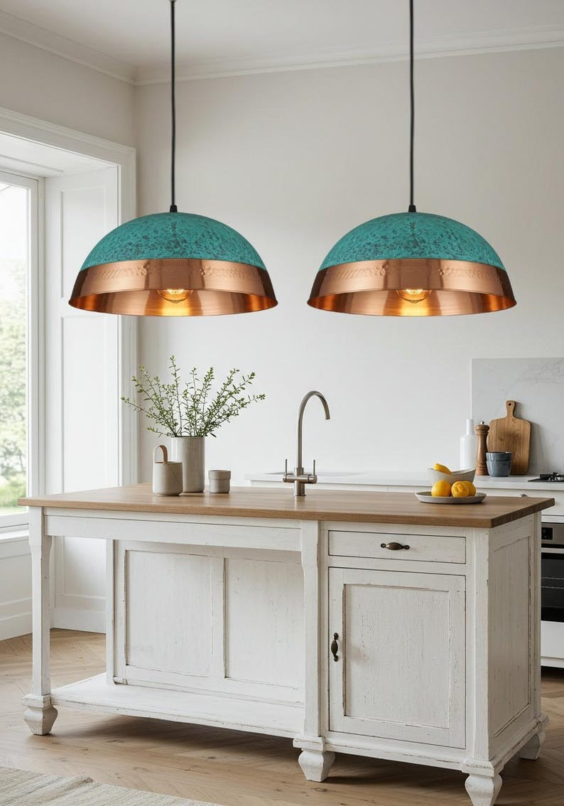 Pierced Brass Dome Pendant Light – Copper & Turquoise Verdigris Kitchen Island Chandelier