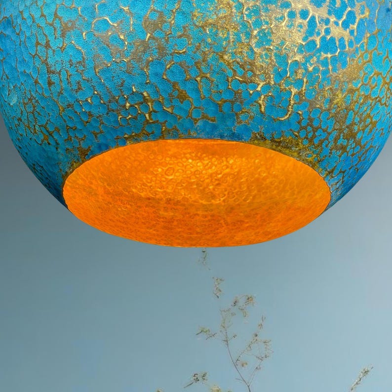 Moroccan Brass Multicolor Patina Globe Pendant Light, Handmade Hammered Brass Hanging Lamp, Boho Blue Gold Black Kitchen Island Chandelier, Rustic Artisan Ceiling Light Fixture