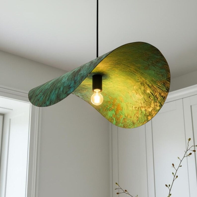 Sculptural Verdigris Brass Wave Pendant Light – Organic Green Patina Kitchen Island Chandelier