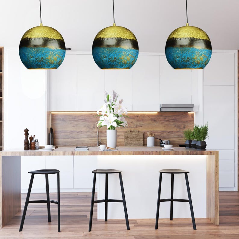 Moroccan Brass Multicolor Patina Globe Pendant Light, Handmade Hammered Brass Hanging Lamp, Boho Blue Gold Black Kitchen Island Chandelier, Rustic Artisan Ceiling Light Fixture
