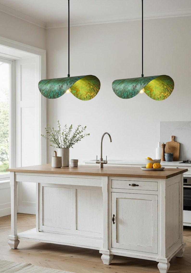 Sculptural Verdigris Brass Wave Pendant Light – Organic Green Patina Kitchen Island Chandelier