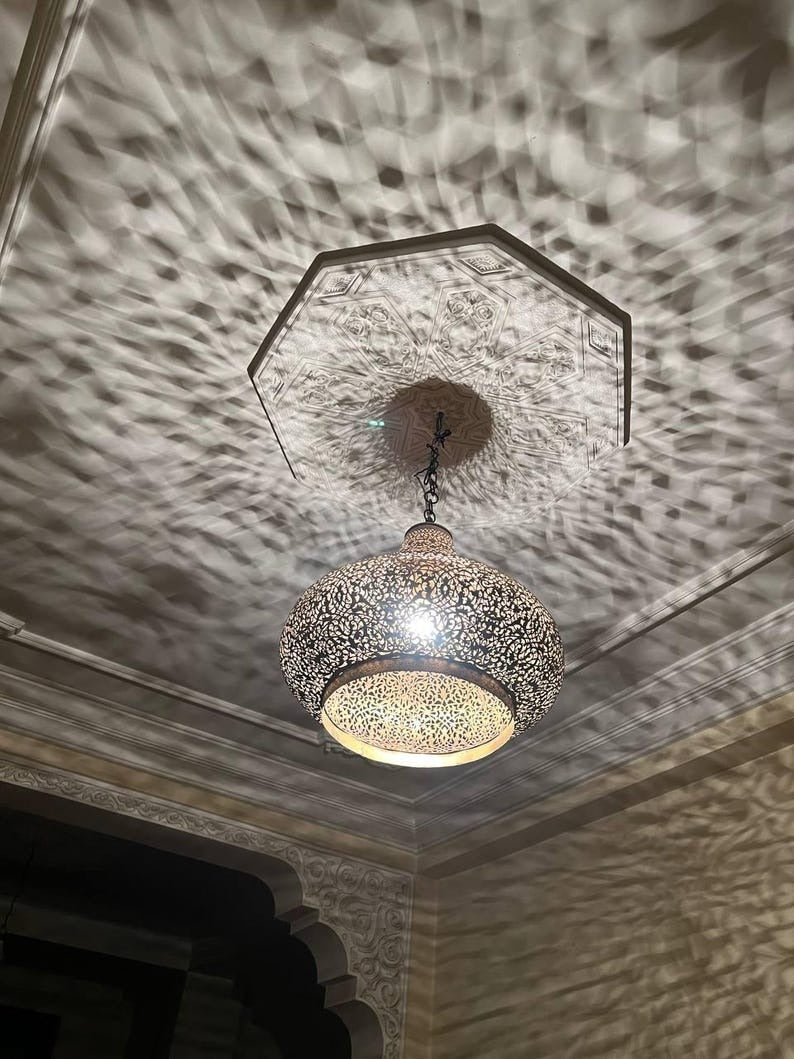 Handmade Moroccan Brass Pendant Chandelier – Large Pierced Metal Hanging Lamp with Floral Shadow Pattern for Entryway, Dining Room & Boho Home Décor