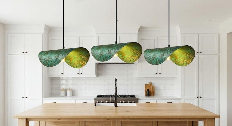 Sculptural Verdigris Brass Wave Pendant Light – Organic Green Patina Kitchen Island Chandelier