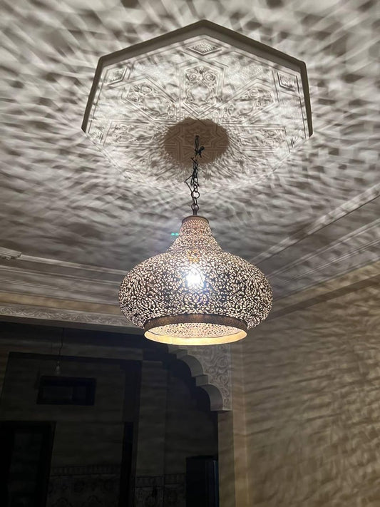 Handmade Moroccan Brass Pendant Chandelier – Large Pierced Metal Hanging Lamp with Floral Shadow Pattern for Entryway, Dining Room & Boho Home Décor