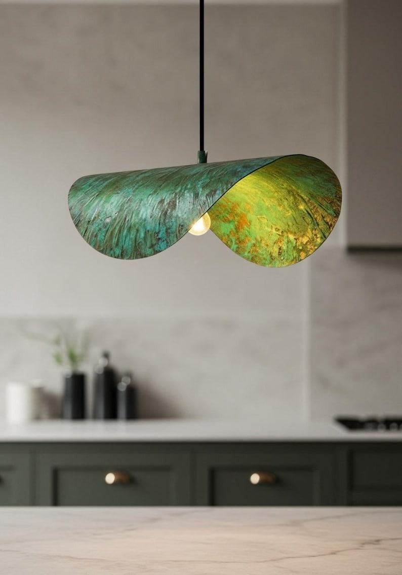 Sculptural Verdigris Brass Wave Pendant Light – Organic Green Patina Kitchen Island Chandelier