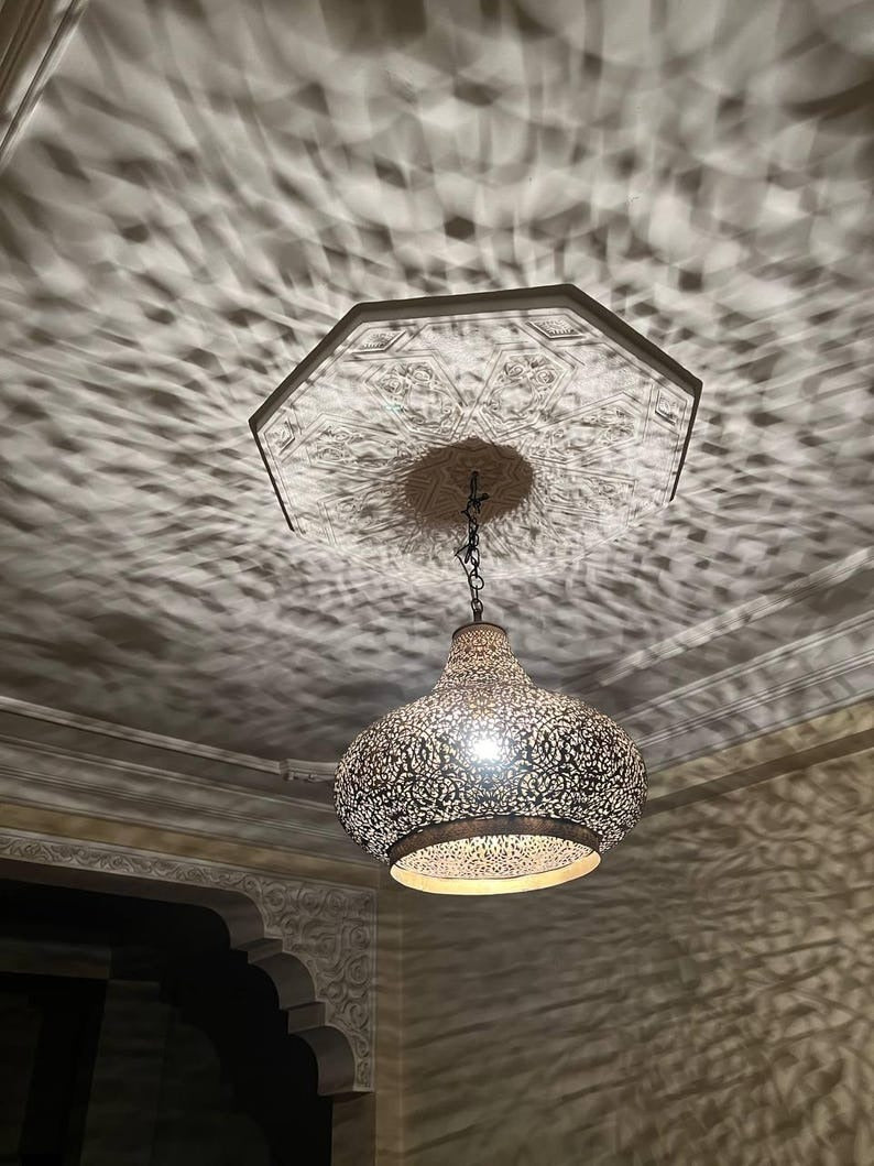Handmade Moroccan Brass Pendant Chandelier – Large Pierced Metal Hanging Lamp with Floral Shadow Pattern for Entryway, Dining Room & Boho Home Décor
