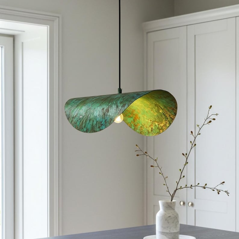 Sculptural Verdigris Brass Wave Pendant Light – Organic Green Patina Kitchen Island Chandelier