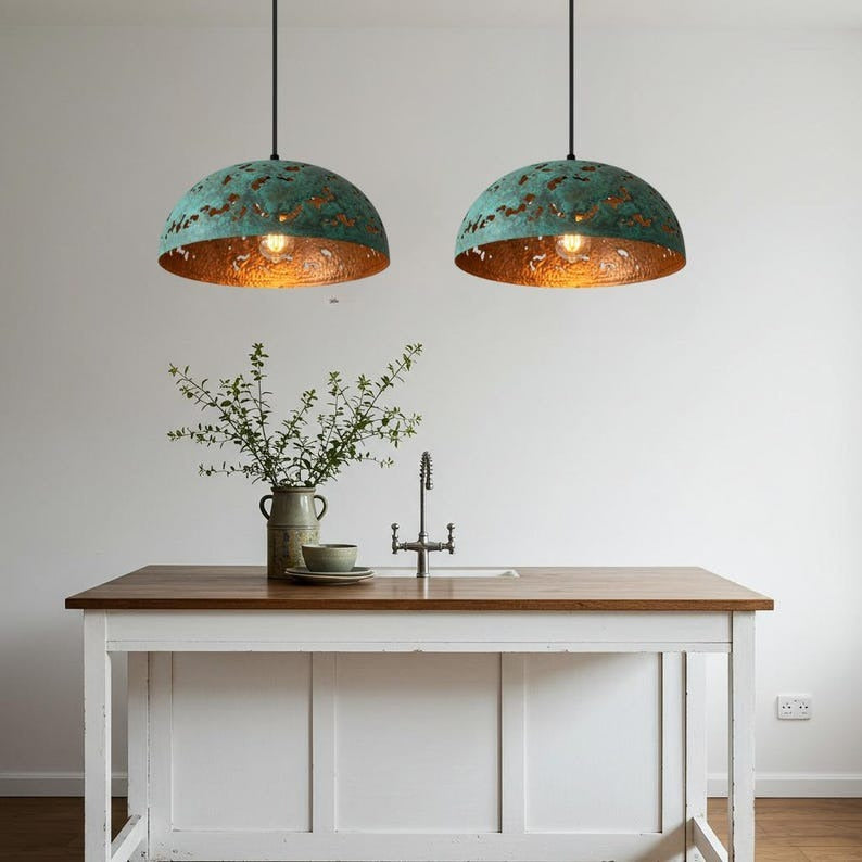 Verdigris Brass Dome Pendant Light – Hammered Copper Cutout Kitchen Island Chandelier
