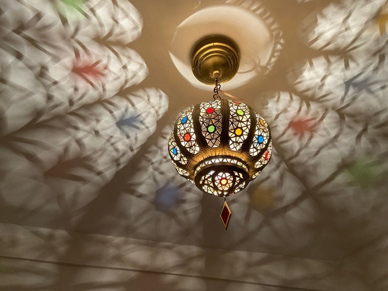 Moroccan Brass Mosaic Globe Pendant Light – Multicolor Stained Glass Lantern with Dramatic Shadow Pattern