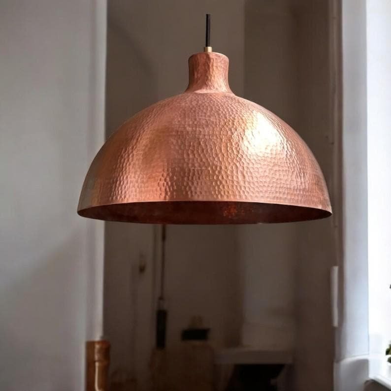 Large Hammered Copper Dome Pendant Light, Handmade Moroccan Copper Kitchen Island Chandelier, Rustic Rose Copper Hanging Lamp, Boho Farmhouse Ceiling Light Fixture