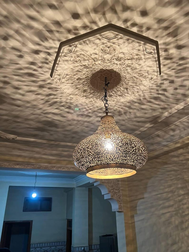 Handmade Moroccan Brass Pendant Chandelier – Large Pierced Metal Hanging Lamp with Floral Shadow Pattern for Entryway, Dining Room & Boho Home Décor