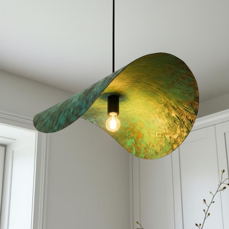 Sculptural Verdigris Brass Wave Pendant Light – Organic Green Patina Kitchen Island Chandelier