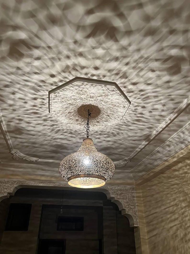Handmade Moroccan Brass Pendant Chandelier – Large Pierced Metal Hanging Lamp with Floral Shadow Pattern for Entryway, Dining Room & Boho Home Décor