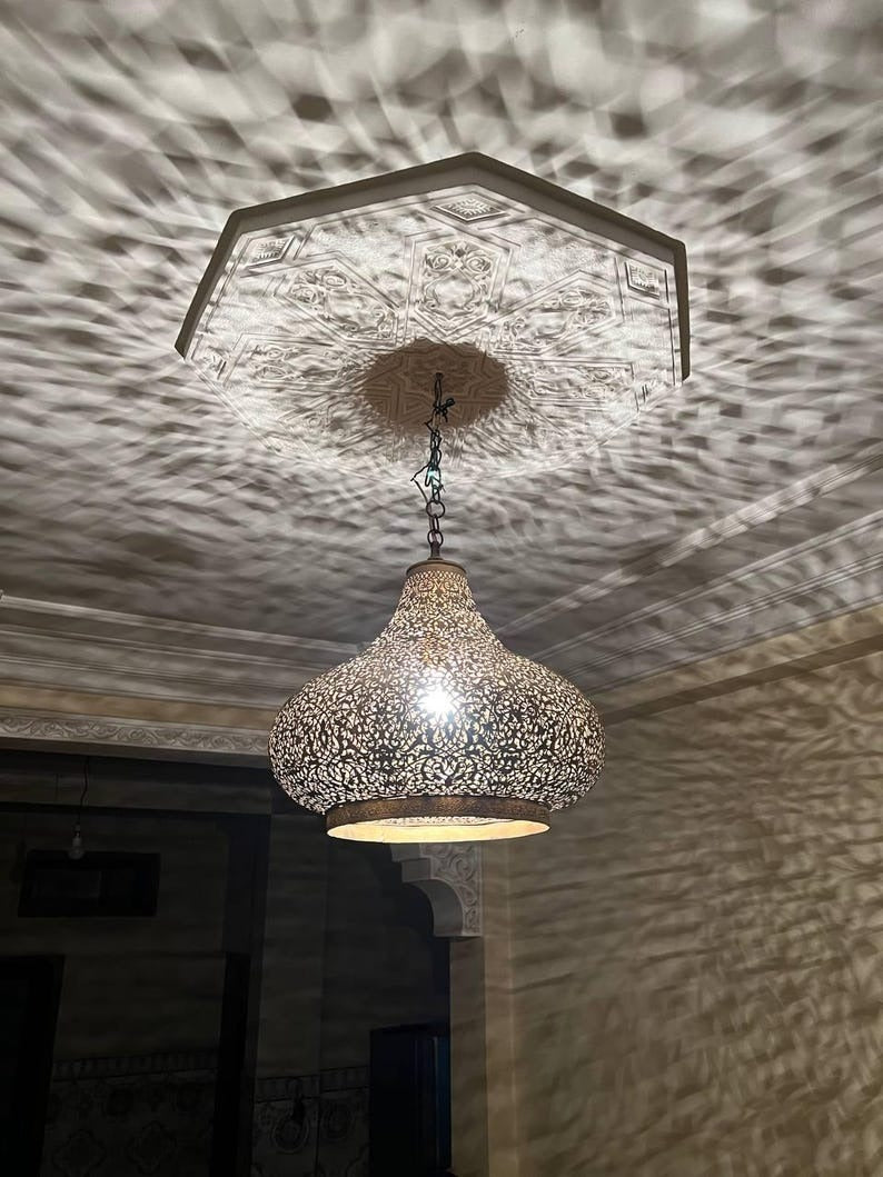 Handmade Moroccan Brass Pendant Chandelier – Large Pierced Metal Hanging Lamp with Floral Shadow Pattern for Entryway, Dining Room & Boho Home Décor