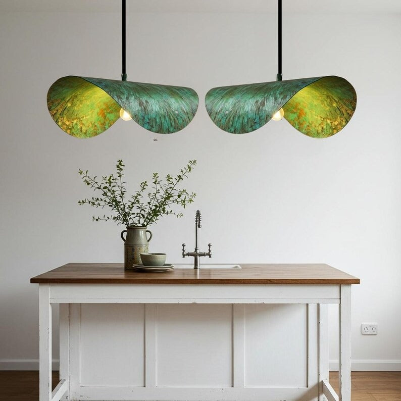 Sculptural Verdigris Brass Wave Pendant Light – Organic Green Patina Kitchen Island Chandelier