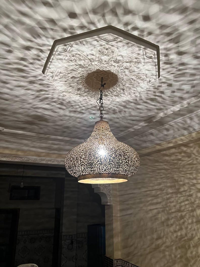 Handmade Moroccan Brass Pendant Chandelier – Large Pierced Metal Hanging Lamp with Floral Shadow Pattern for Entryway, Dining Room & Boho Home Décor