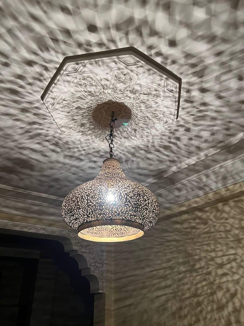 Handmade Moroccan Brass Pendant Chandelier – Large Pierced Metal Hanging Lamp with Floral Shadow Pattern for Entryway, Dining Room & Boho Home Décor