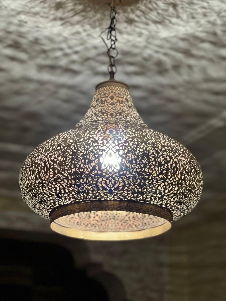 Handmade Moroccan Brass Pendant Chandelier – Large Pierced Metal Hanging Lamp with Floral Shadow Pattern for Entryway, Dining Room & Boho Home Décor