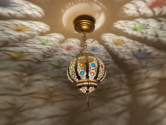 Moroccan Brass Mosaic Globe Pendant Light – Multicolor Stained Glass Lantern with Dramatic Shadow Pattern