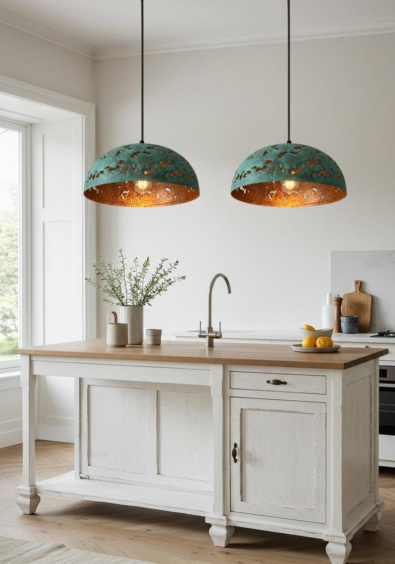 Verdigris Brass Dome Pendant Light – Hammered Copper Cutout Kitchen Island Chandelier