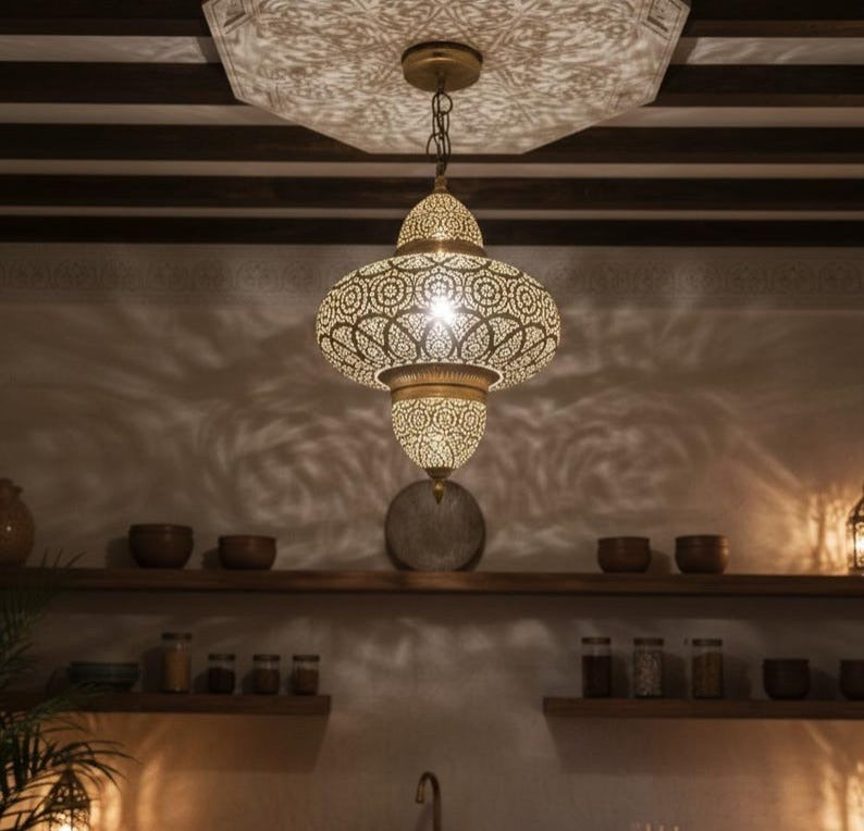 Moroccan Pierced Brass Chandelier Pendant Light, Handmade Moorish Filigree Lantern, Boho Arabic Shadow Lamp, Rustic Gold Ceiling Light Fixture