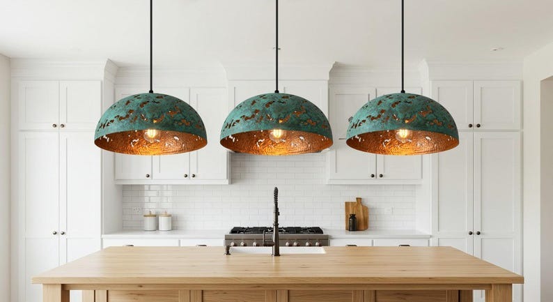 Verdigris Brass Dome Pendant Light – Hammered Copper Cutout Kitchen Island Chandelier
