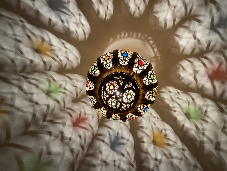 Moroccan Brass Mosaic Globe Pendant Light – Multicolor Stained Glass Lantern with Dramatic Shadow Pattern