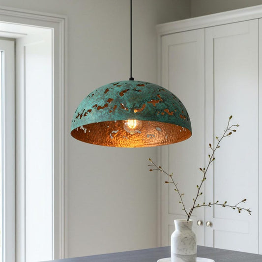 Verdigris Brass Dome Pendant Light – Hammered Copper Cutout Kitchen Island Chandelier