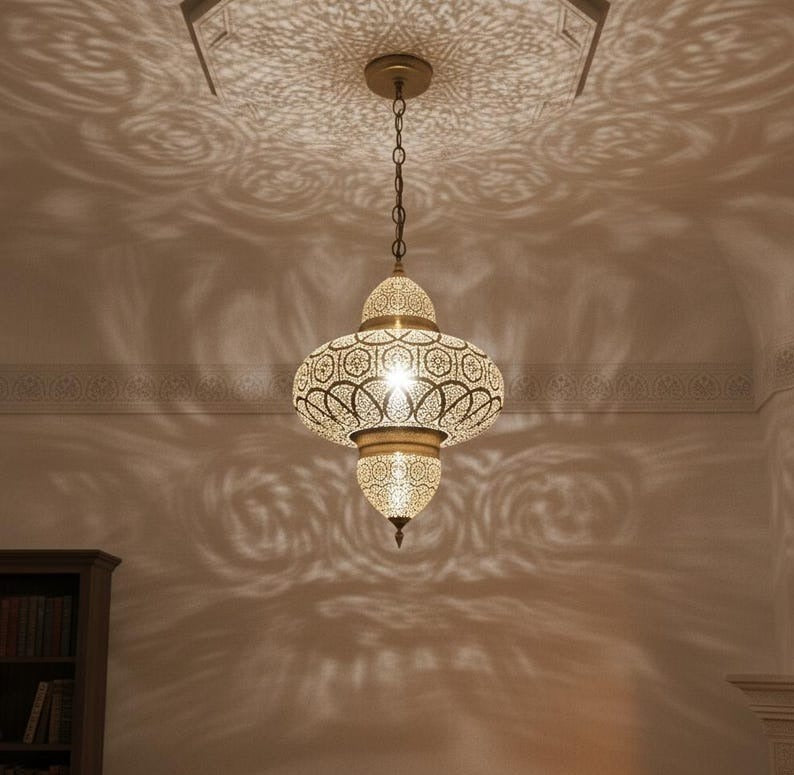 Moroccan Pierced Brass Chandelier Pendant Light, Handmade Moorish Filigree Lantern, Boho Arabic Shadow Lamp, Rustic Gold Ceiling Light Fixture