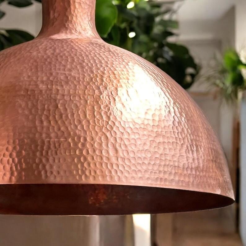 Large Hammered Copper Dome Pendant Light, Handmade Moroccan Copper Kitchen Island Chandelier, Rustic Rose Copper Hanging Lamp, Boho Farmhouse Ceiling Light Fixture