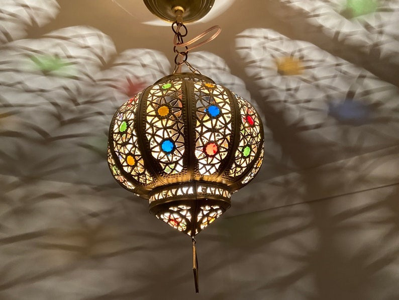 Moroccan Brass Mosaic Globe Pendant Light – Multicolor Stained Glass Lantern with Dramatic Shadow Pattern