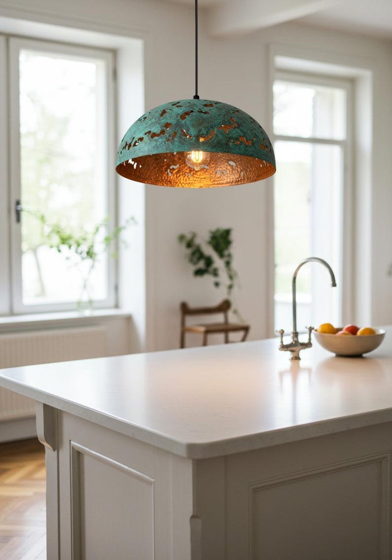 Verdigris Brass Dome Pendant Light – Hammered Copper Cutout Kitchen Island Chandelier