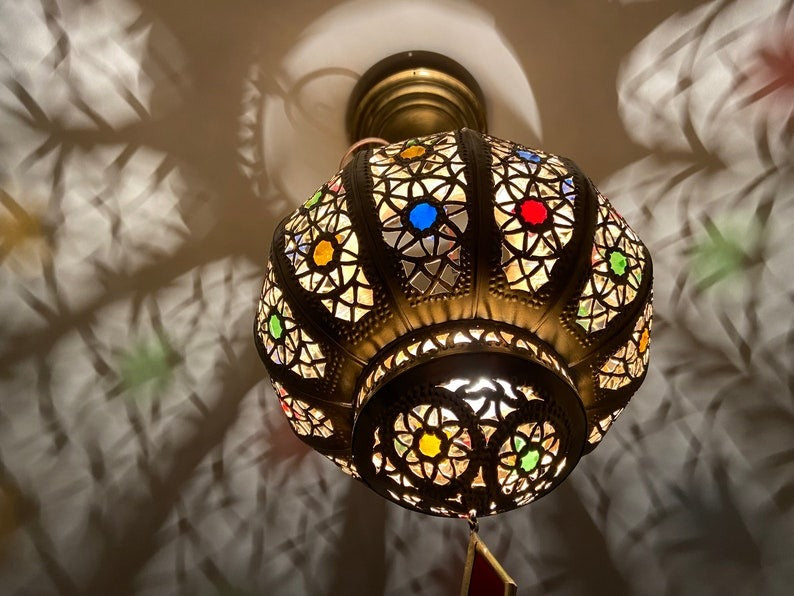 Moroccan Brass Mosaic Globe Pendant Light – Multicolor Stained Glass Lantern with Dramatic Shadow Pattern