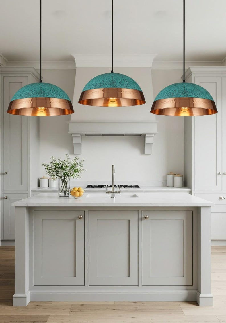 Pierced Brass Dome Pendant Light – Copper & Turquoise Verdigris Kitchen Island Chandelier