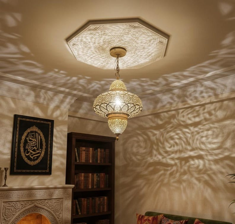 Moroccan Pierced Brass Chandelier Pendant Light, Handmade Moorish Filigree Lantern, Boho Arabic Shadow Lamp, Rustic Gold Ceiling Light Fixture