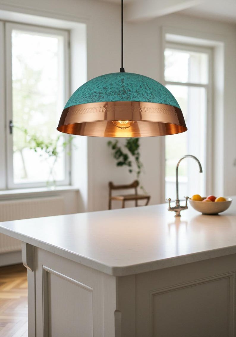 Pierced Brass Dome Pendant Light – Copper & Turquoise Verdigris Kitchen Island Chandelier
