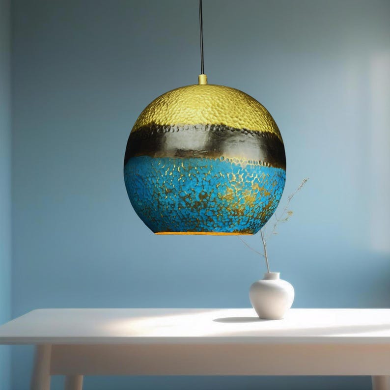 Moroccan Brass Multicolor Patina Globe Pendant Light, Handmade Hammered Brass Hanging Lamp, Boho Blue Gold Black Kitchen Island Chandelier, Rustic Artisan Ceiling Light Fixture