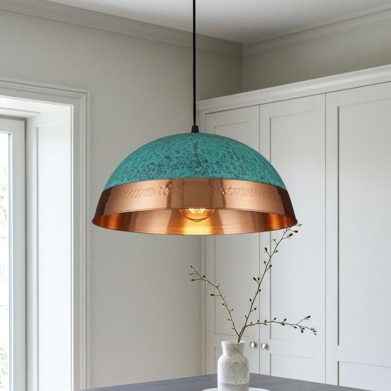 Pierced Brass Dome Pendant Light – Copper & Turquoise Verdigris Kitchen Island Chandelier