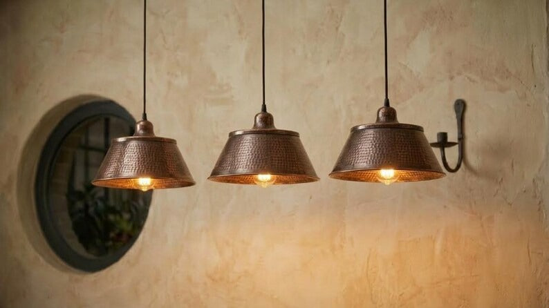Handmade Moroccan Brass Pendant Light – Hammered Dark Copper Wide Cone Ceiling Lamp, Rustic Kitchen Island & Dining Room Lighting