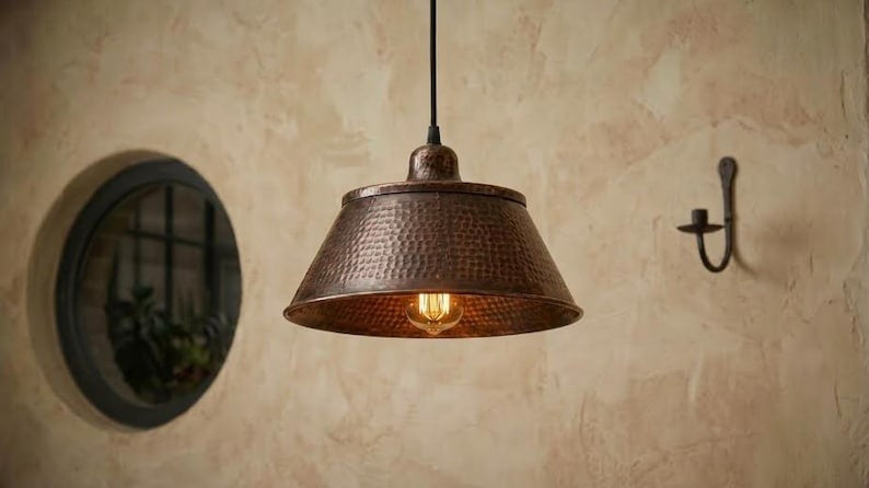 Handmade Moroccan Brass Pendant Light – Hammered Dark Copper Wide Cone Ceiling Lamp, Rustic Kitchen Island & Dining Room Lighting
