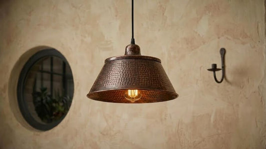 Handmade Moroccan Brass Pendant Light – Hammered Dark Copper Wide Cone Ceiling Lamp, Rustic Kitchen Island & Dining Room Lighting