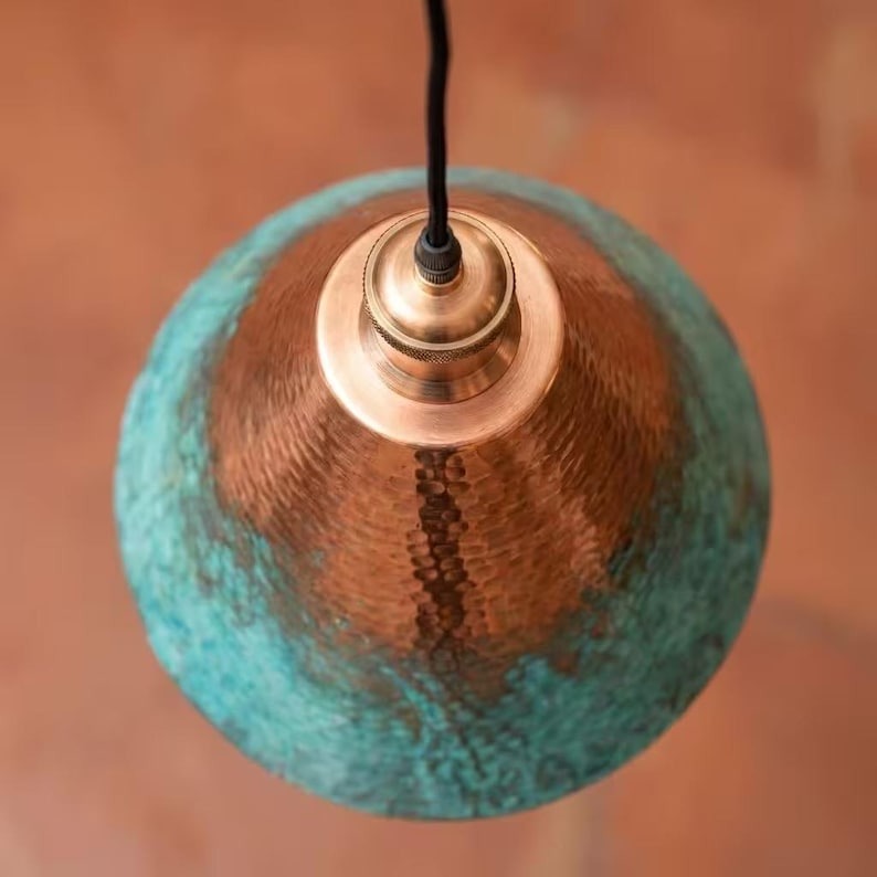 Handmade Moroccan Brass Pendant Light – Hammered Cone Ceiling Lamp with Turquoise Verdigris & Copper Finish, Artisan Kitchen Island Hanging Light