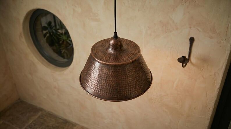 Handmade Moroccan Brass Pendant Light – Hammered Dark Copper Wide Cone Ceiling Lamp, Rustic Kitchen Island & Dining Room Lighting