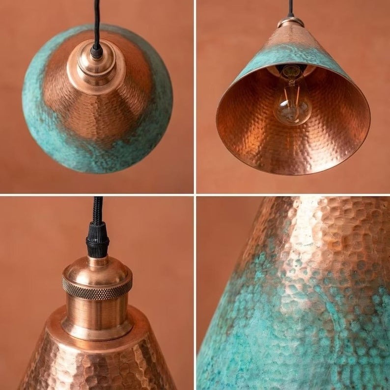 Handmade Moroccan Brass Pendant Light – Hammered Cone Ceiling Lamp with Turquoise Verdigris & Copper Finish, Artisan Kitchen Island Hanging Light