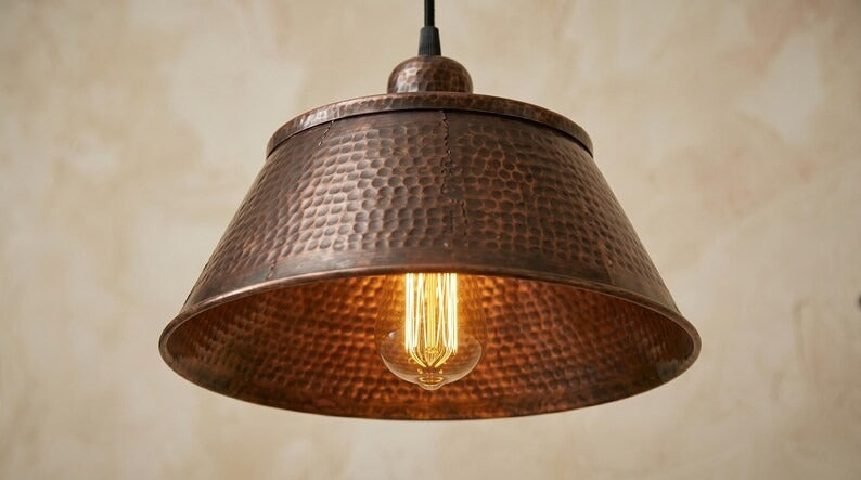 Handmade Moroccan Brass Pendant Light – Hammered Dark Copper Wide Cone Ceiling Lamp, Rustic Kitchen Island & Dining Room Lighting