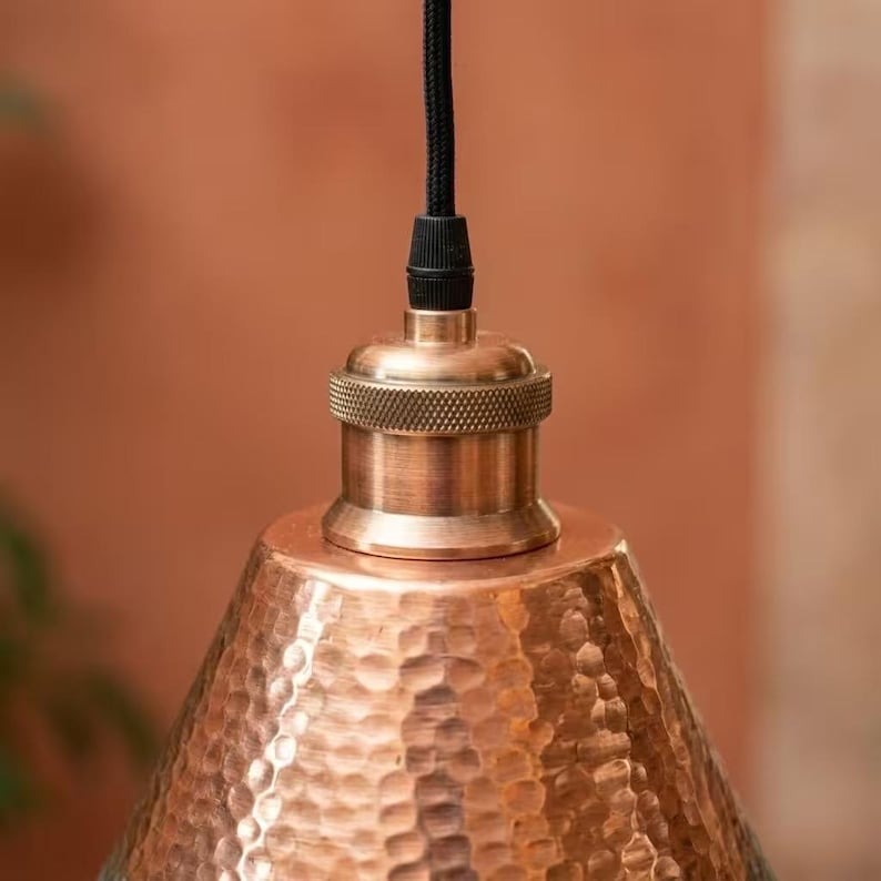 Handmade Moroccan Brass Pendant Light – Hammered Cone Ceiling Lamp with Turquoise Verdigris & Copper Finish, Artisan Kitchen Island Hanging Light