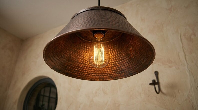 Set of 3 Handmade Moroccan Brass Pendant Lights – Hammered Dark Copper Wide Cone Ceiling Lamps, Rustic Kitchen Island & Dining Room Lighting