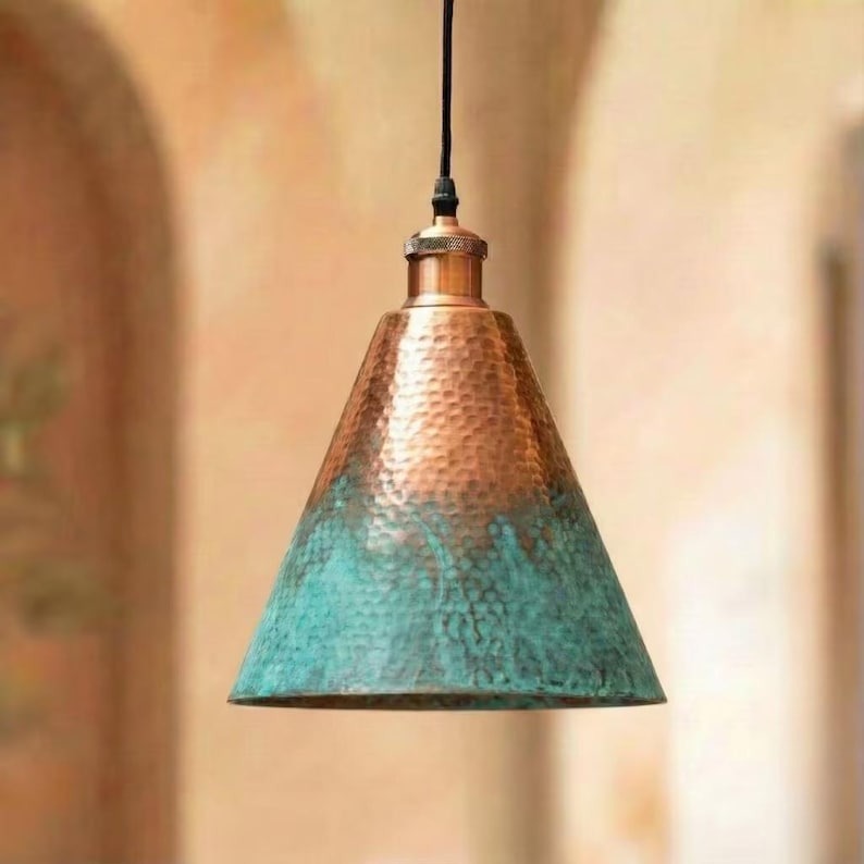 Handmade Moroccan Brass Pendant Light – Hammered Cone Ceiling Lamp with Turquoise Verdigris & Copper Finish, Artisan Kitchen Island Hanging Light